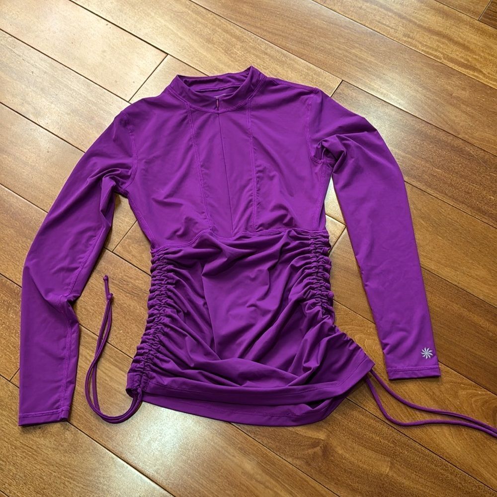 ATHLETA Fuchsia Ruched Half Zip Long Sleeves Rash Guard Swimsuit Top Size XS